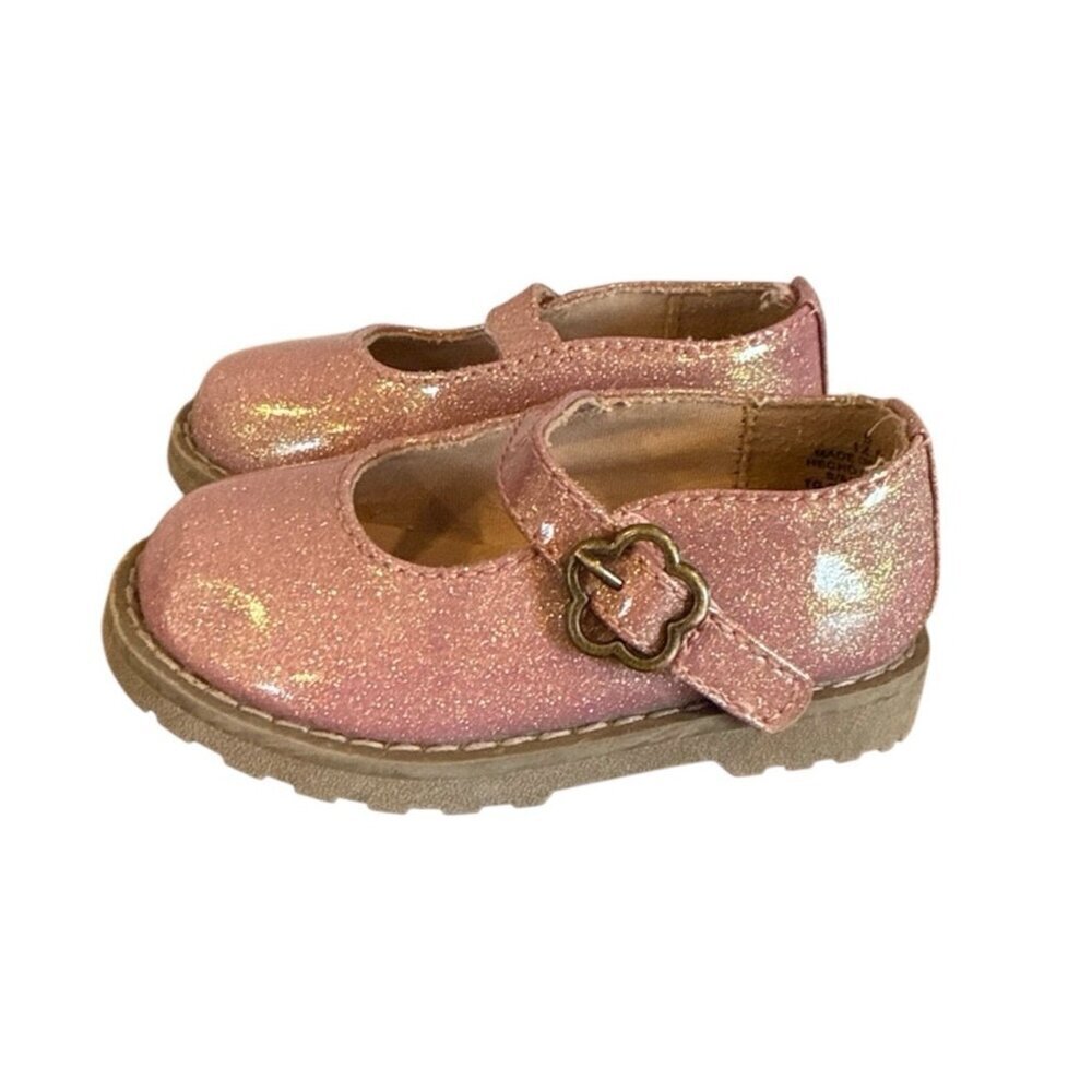 Old Navy Mary Jane Shoes Glitter Pink Metallic Flower Buckle Toddler Sz 5 Easter